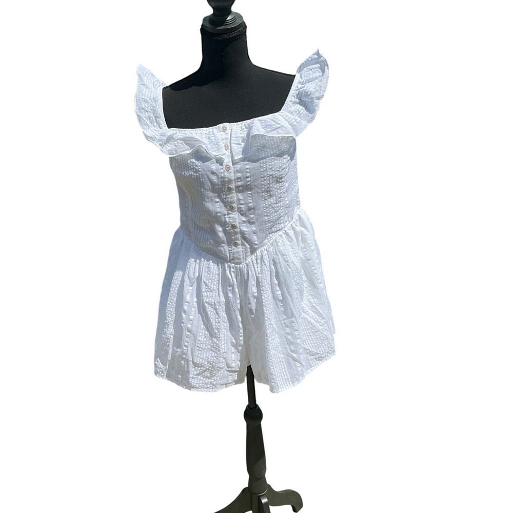 Aerie White Seersucker Button Front Ruffle Sleeve Romper Medium New Without Tags
